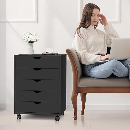 Simple Deluxe 5-Drawer Chest, Office Storage Dresser File Cabinet with Wheels, Mobile Dresser for Home Office, Black
