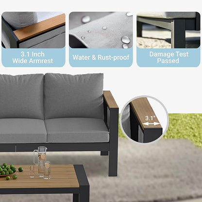 Corinth 2-Piece Aluminum Patio Conversation Set - Outdoor, Porch, Balcony, Yard, Gardern, All Weather, 1 Ergonomic Design 3 Seater Sofa and 1 Coffee Table, Grey