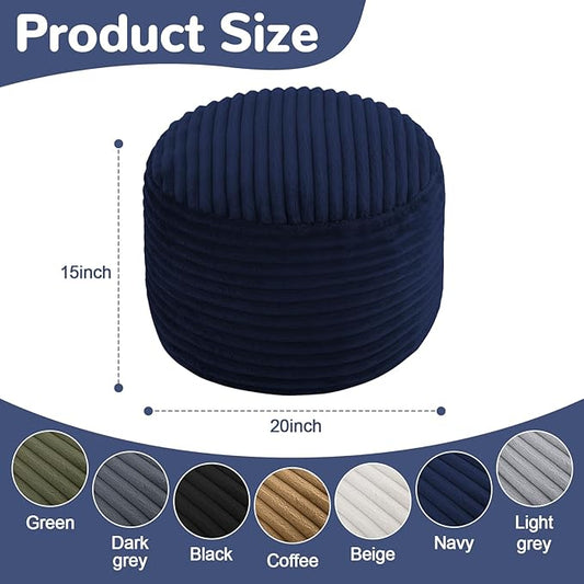 MeMoreCool Stuffed Round Pouf Ottoman Foot Rest, Soft Plush Floor Pouf Foot Stool, Corduray Footstool Footrest, Small Round Ottoman for Living Room Couch Sofa Chair, 20x15 Inch Navy