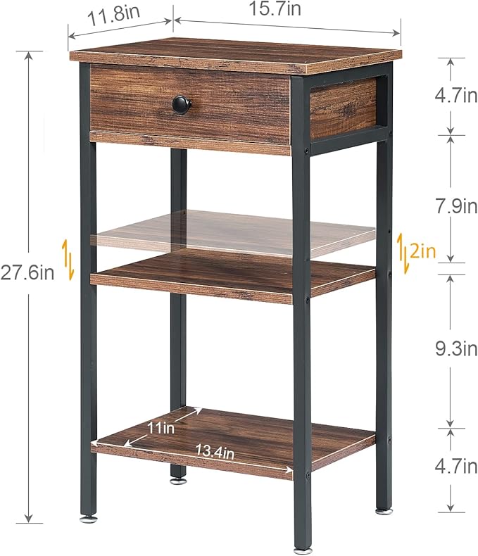 VECELO 27.5" Tall End Tables, Nightstands with Adjustable Shelf and Bin Drawer for Living Room/Bedroom,Set of 2