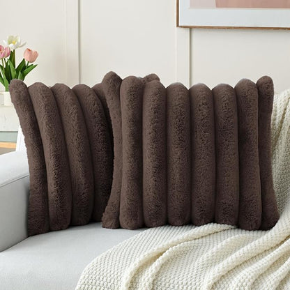FUTEI Dark Coffee Decorative Throw Pillow Covers 16x16 Inch Set of 2, Square Soft Faux Rabbit Fur Big Striped Cushion Cover,Home Decor for Couch Sofa Bed Living Room