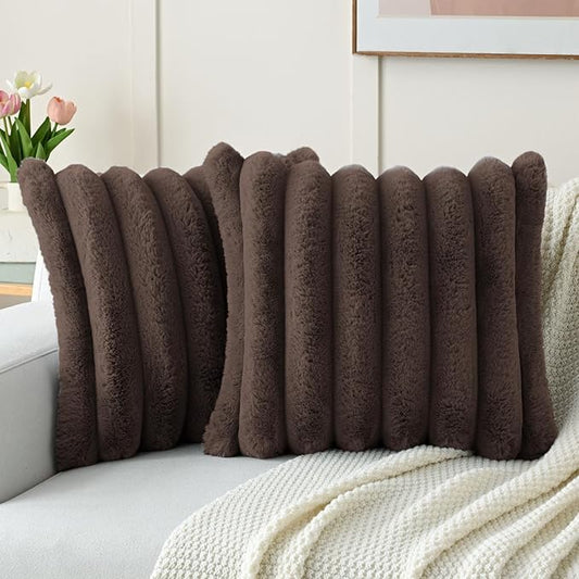 FUTEI Dark Coffee Decorative Throw Pillow Covers 24x24 Inch Set of 2, Square Soft Faux Rabbit Fur Big Striped Pillow Sham,Home Decor for Couch Sofa Bed Living Room