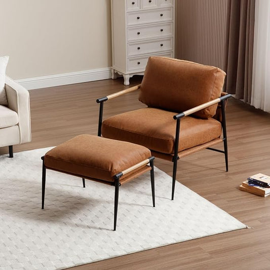 LukeAlon Mid-Century PU Leather Accent Chairs with Ottoman Set of 2, Soft Living Room Chairs with Metal Legs Modern Upholstered Armchairs Lounge Chair with Footstool for Bedroom Reading Room, Brown