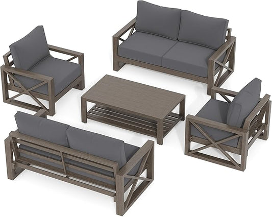 UDPATIO 5 Piece Faux Wood Aluminum Patio Furniture Set 6 Seats Modern Outdoor Furniture Patio Conversation Sets with Coffee Table for Balcony, Backyard, 600D Waterproof Cover Included, Dark Grey