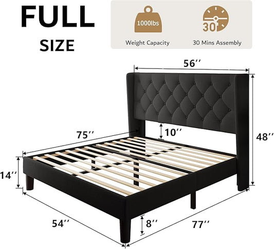 iPormis Full Size Platform Bed Frame with Button Tufted Headboard, Upholstered Bed Frame with Solid Wooden Slats, 8" Underbed Space, No Box Spring Needed, Noise Free, Easy Assembly, Black