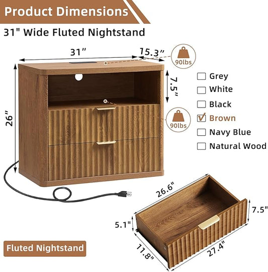 LEYAOYAO 31" Wide Fluted Nightstand Set of 2 with Charging Station, Oversized Extra Large 2 Drawers Night Stand,Brown Wood Bedside Table,Tall End Tables,Modern Chest of Drawers Dressers for Bedroom