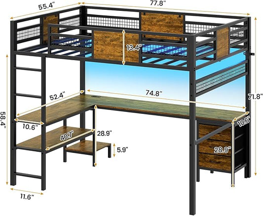 ADORNEVE Loft Bed Full Size with L-Shaped Desk, 3 Storage Drawers, Power Outlet, 3 Storage Shelves, Metal Loft Bed Frame with RGB Lights, Bed with Safety Guardrail & Ladders,Space-Saving,Rustic Brown