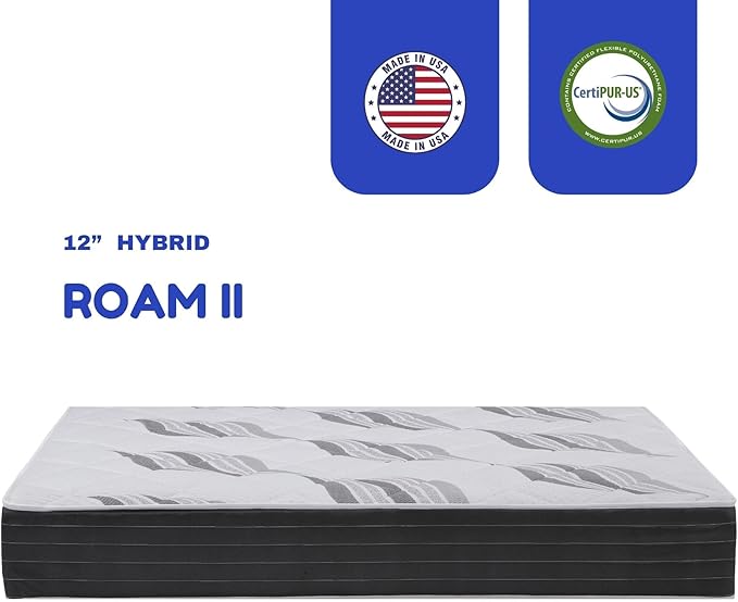 Roam 2.0 RV 12" Hybrid Mattress with Gel Memory Foam, RV Short King 70x74 Mattress, Luxury Medium Feel Made in USA
