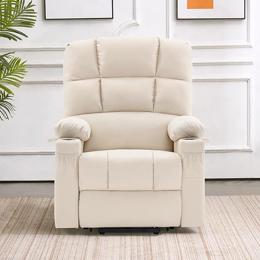 MCombo Medium Lay Flat Dual Motor Power Lift Recliner Chair Sofa with Massage and Heat for Elderly People, Infinite Position, Faux Leather 7679 (Cream White, Medium)
