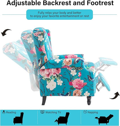 Recliner Chair, Upholstered Wingback Floral Pushback Armchair with Adjustable Backrest & Footrest, Comfy Accent Chair Reading Single Sofa for Small Spaces, Living Room, Bedroom (Peacock, Set of 2)