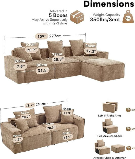 WILLOVE Modular Sectional Sofa Set, Chenille Cloud Couch with Wide Armrests & 8 Pillows, Deep Seat Couches for Living Room, 2+4-Seater Khaki