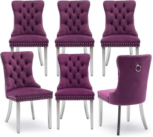 Velvet Upholstered Dining Chairs Set of 6, Modern Kitchen Side Chairs with Nailhead Trim and Silver Plated Leg, Metal Pulling Ring for Dining Room Living Room(Purple-Silver Plated Leg)