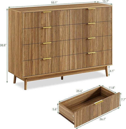 LYNSOM Fluted 8 Drawer Dresser for Bedroom, 55" Wide Modern Chest of Drawers with Curved Profile Design and Metal Handles, Wood Dresser TV Stand & Storage Organizer for Bedroom, Hallway, Walnut