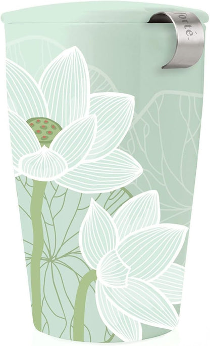 Tea Forte Double-Walled Ceramic Kati Cup, Removable Stainless Steel Infuser Basket and Lid, Steeps 12 oz Loose Leaf Tea, Dishwasher & Microwave Safe, Lotus