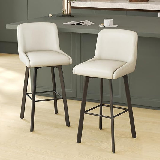 Swivel Bar Stools, 30''H Upholstered Barstools with Backs, Modern Counter Height Bar Stool Chairs for Kitchen Island, Metal Legs (Beige- Faux Leather, Set of 2-30" H)