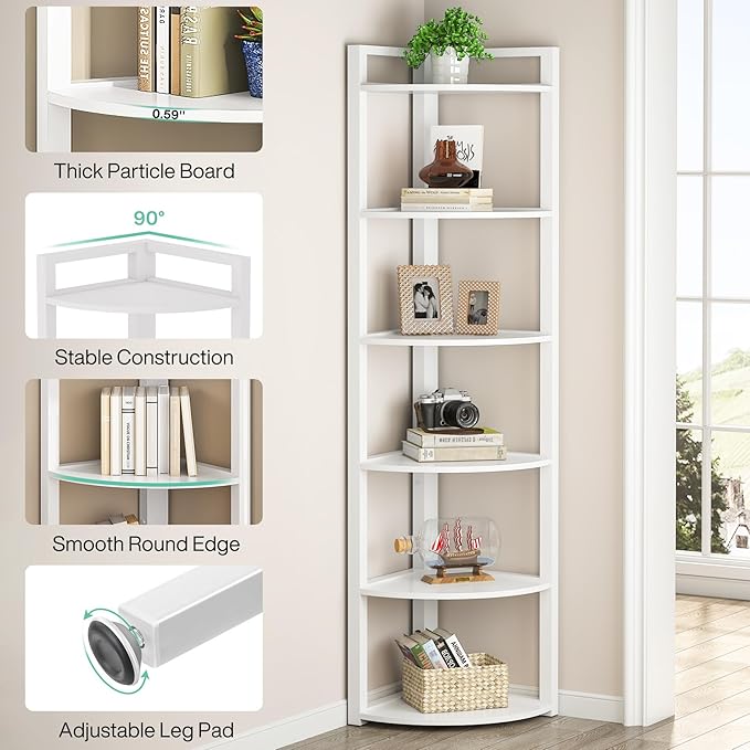 TRIBESIGNS WAY TO ORIGIN Corner Shelf, 70.9 Inch Tall Corner Bookshelf, 6 Tier Ladder Shelf with Metal Frames Multifunctional Modern Bookcase for Living Room, Home Office, Kitchen, Small Space (White)