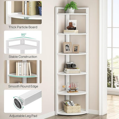 TRIBESIGNS WAY TO ORIGIN Corner Shelf, 70.9 Inch Tall Corner Bookshelf, 6 Tier Ladder Shelf with Metal Frames Multifunctional Modern Bookcase for Living Room, Home Office, Kitchen, Small Space (White)