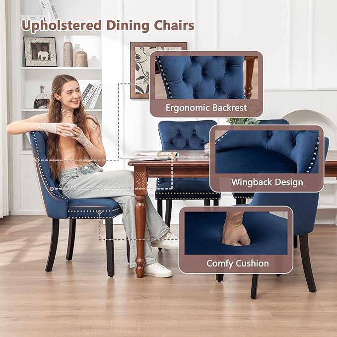 Velvet Dining Chairs Set of 6, Tufted Dining Room Chairs with Nailhead Ring Pull Trim, Upholstered Dining Chairs with Solid Wood Legs for Kitchen Dining Room, Sillas De Comedor (Blue)
