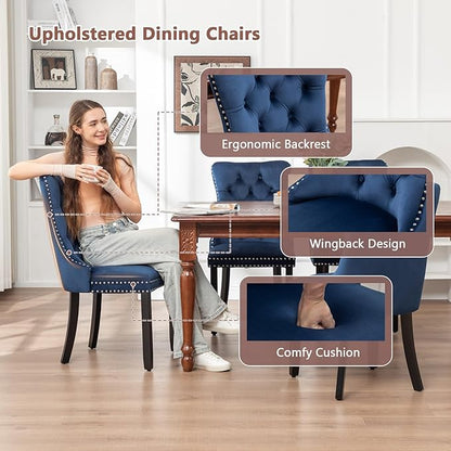 Velvet Dining Chairs Set of 6, Tufted Dining Room Chairs with Nailhead Ring Pull Trim, Upholstered Dining Chairs with Solid Wood Legs for Kitchen Dining Room, Sillas De Comedor (Blue)