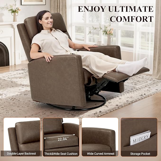 Swivel Rocking Recliner,Wide PU Leather Glider Sofa Chair with Ergonomic High Backrest for Living Room, Bedroom, Office（Warm Gray）