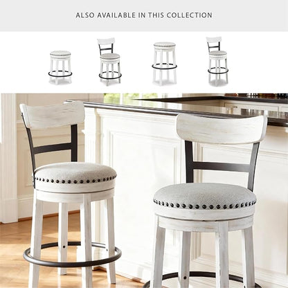 Signature Design by Ashley Valebeck | Modern Swivel 24.5" Counter Height Barstool – Rustic-Industrial Whitewash, Upholstered Cushion, 360° Swivel, Nailhead Trim