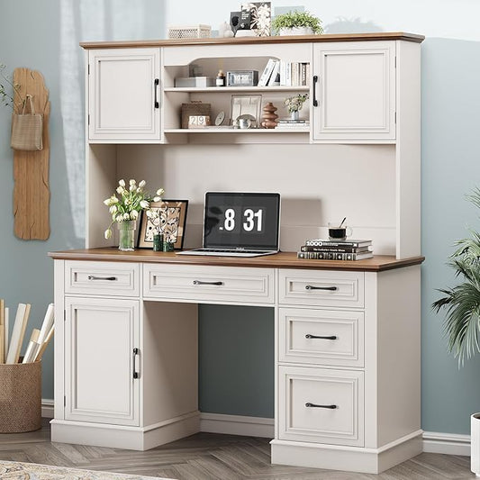 67" H Farmhouse Executive Desk with Hutch. Wood Workstation with 5 Drawers, Storage Cabinet, File Drawers and Charging Station, Ideal as Office Desks, Computer Desk for Home Office and Study