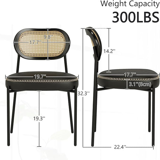 Rattan Dining Chairs Set of 6, Black Leather Upholstered Dining Chairs with Rattan Cane Back, Mid Century Modern Dining Room Chairs with Black Metal Legs & D-Shaped Thicken Cushion