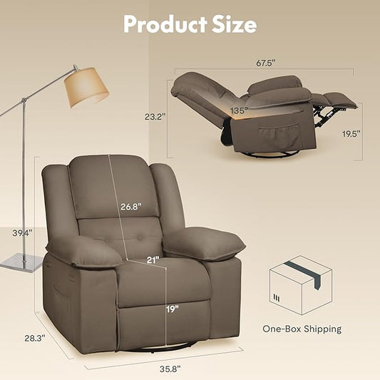 FLEXISPOT 360° Swivel Rocker Recliner with Massage & Heat for Adults, Manual Rocking Chair with USB Port & Side Pocket, Swivel Glider Recliner for Living Room Apartment Small Spaces, Brown