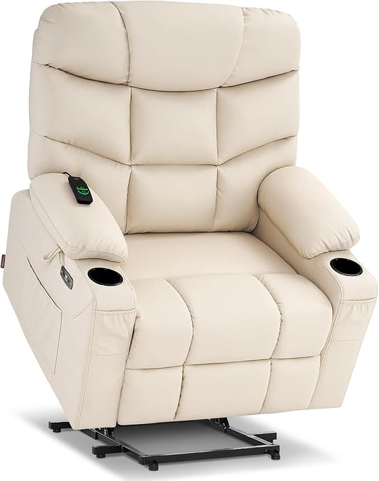 MCombo Oversized Power Lift Recliner Chair with Extended Footrest for Elderly People, Faux Leather R7289 (Cream White, Oversize)