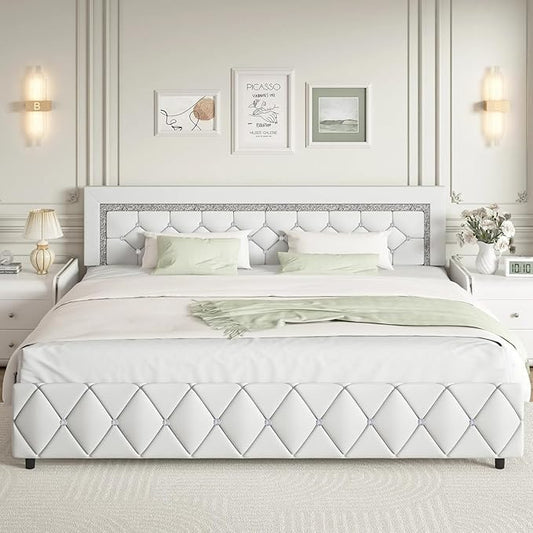 BarnFurin King Size Bed Frame and Headboard, Faux Leather Upholstered Bed with Diamond Tufted Design, Modern Platform Bed Frame with Wooden Slats Support, No Box Spring Required, Easy Assembly, White