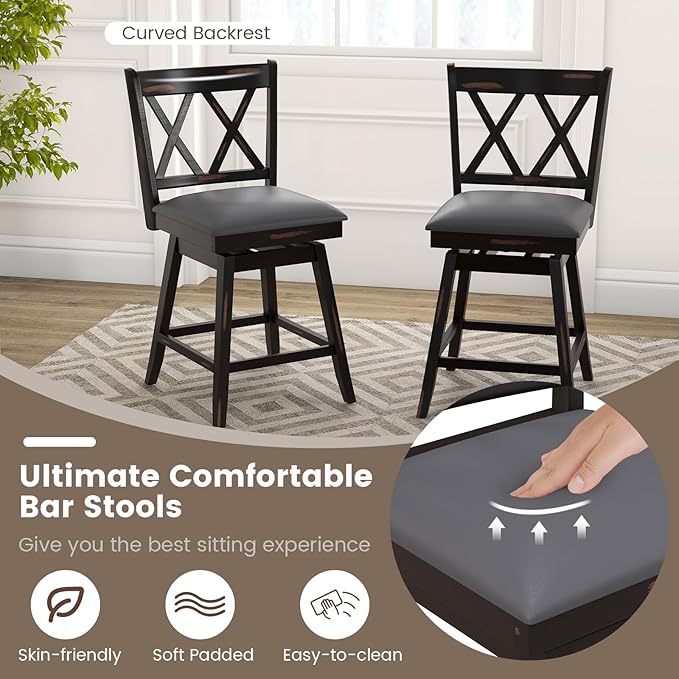 COSTWAY Bar Stool Set of 2 for Kitchen Island, 25" Counter Height Chair with Ergonomic Backrest, Foot Rest, Waterproof PVC Surface & Solid Wood Structure, 360°Swivel Farmhouse Barstool with Back