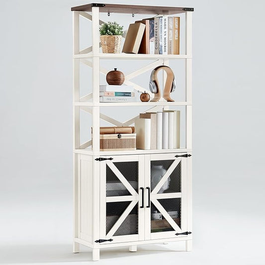 5 Tier Bookshelf 70" Tall Bookcase with Barn Doors,Large Farmhouse Display Book Shelf with Adjustable Shelves and Storage Cabinet，Library Wood Bookshelves for Living Room,Kitchen,Rustic White