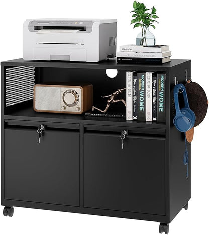 Mobile Filing Cabinet with Lock,Metal Lateral File cabinets Printer Stand with Storage Cabinets for Home Office,A4/F4/Letter (Black)