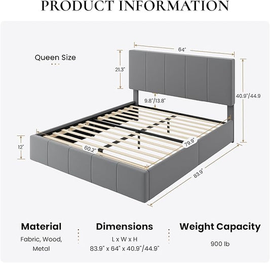 SHA CERLIN Queen Bed Frame, Velvet Upholstered Platform Bed, Vertical Channel Tufted Adjustable Headboard, Low Profile Bed Frame, No Box Spring Needed, Easy Assembly, Grey