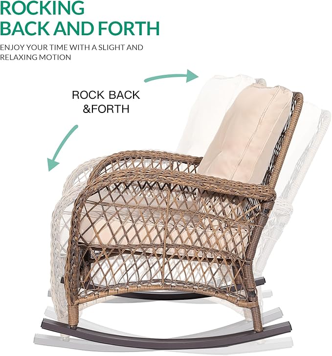 VIVIJASON 4-Piece Outdoor Patio Wicker Conversation Sets, All Weather Outdoor Rattan Furniture Set Includes Glider Loveseat, Coffee Table, 2 Rocking Chairs with Cushions for Backyard, Light Brown
