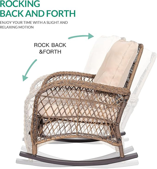 VIVIJASON 4-Piece Outdoor Patio Wicker Conversation Sets, All Weather Outdoor Rattan Furniture Set Includes Glider Loveseat, Coffee Table, 2 Rocking Chairs with Cushions for Backyard, Light Brown