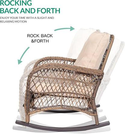 VIVIJASON 7-Piece Outdoor Patio Wicker Conversation Sets, All Weather Outdoor Rattan Furniture Set Includes Glider Loveseat, 2 Rocking Chairs, 2 Swivel-Gliders Chairs, 2 Coffee Table, Light Brown