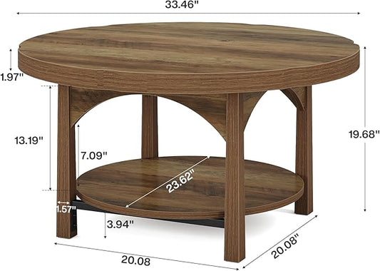Tribesigns Round Coffee Table, 2-Tier Farmhouse Center Table with Storage Shelf, Rustic Wooden Cocktail Tables for Living Room