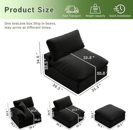 Modular Sectional Sofa,1-Seater Extra Comfty Deep-Seat-Filled Couch,Modern Couches for Living Room, Apartment,Office,Small Space,Black