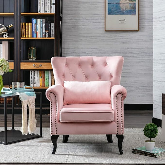 Accent Reading Arm Chairs Set of 2 for Living Room Bedroom, Midcentury Modern Comfy Corner Sofa Chair, Wingback Waiting Room Club Chair with Button Tufted Back &Lumbar Pillow, Velvet Pink