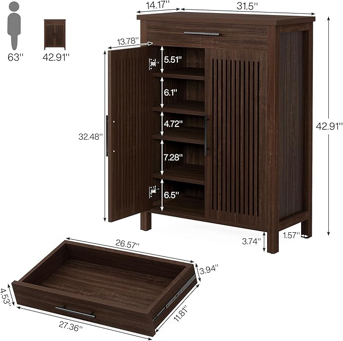 Tribesigns Shoe Cabinet, 5-Tier Shoe Storage Cabinet with Louvered Doors and Drawer, Freestanding Wooden Shoe Rack Organizer with Adjustable Shelves for Entryway, Hallway, Closet, Black Walnut