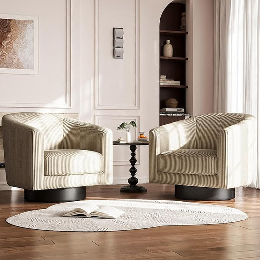 360° Swivel Accent Chairs Set of 2, Modern Bucket Chair, Corduroy Barrel Armchair, Comfy Boucle Chair, Single Sofa for Living Room Bedroom. Camel