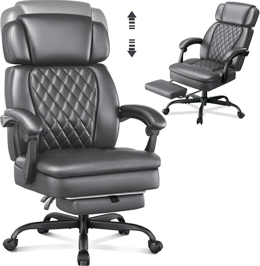 400lbs Office Chair with Foot Rest, Ergonomic Big and Tall Office Chair with Adjustable Headrest, High Back PU Leather Computer Chair,Comfy Heavy Duty Office Desk Chair (Classic Grey)
