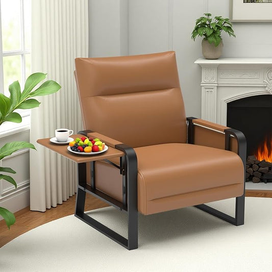 Faux Leather Accent Chair with Flip Up Tray Table Soft Backrest Side Pocket for Living Room Office Bedroom Leather Accent Chair, Brown