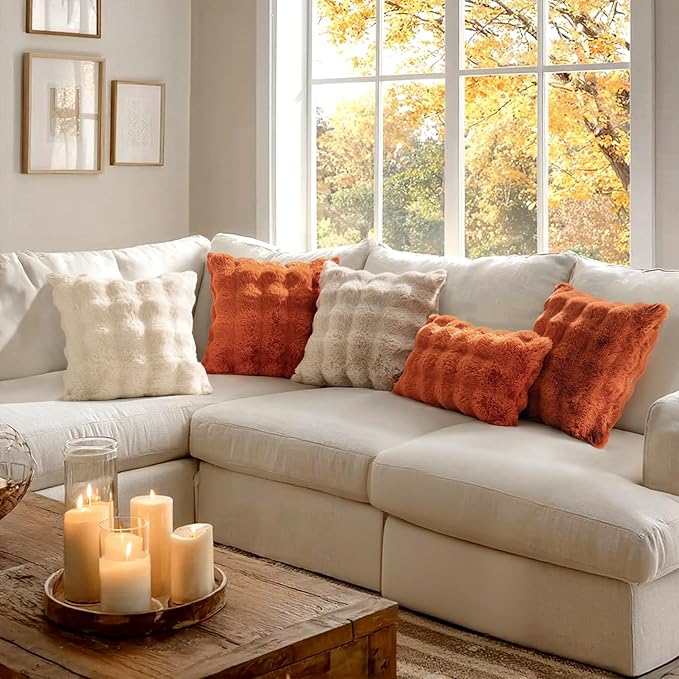 MIULEE Faux Fur Pillow Covers Thick Soft Plush Throw Pillows Luxury Home Decor for Fall Couch Bed Bedroom Living Room Sofa,18x18 Inch Pack of 2 Burnt Orange