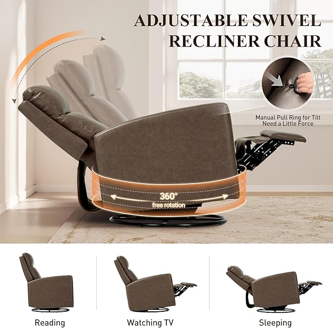 Swivel Rocking Recliner,Wide PU Leather Glider Sofa Chair with Ergonomic High Backrest for Living Room, Bedroom, Office（Warm Gray）