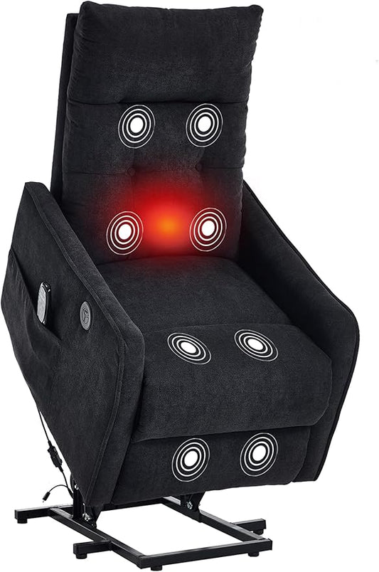 PELUMY Manual Lift Recliner Chair with Massage and Heat for Elderly, Single Motor Electric Lift Chair, Heavy Duty Recliner with USB Charging & Side Pockets (Chenille, Black)