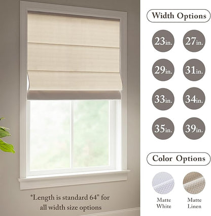 Madison Park Galen Matte Linen Cordless Roman Shades - Fabric Privacy Single Panel Darkening, Energy Efficient, Thermal Insulated Window Blind Treatment, for Home, Living Room Decor,29" W x 64" H