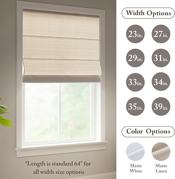 Madison Park Galen Matte Linen Cordless Roman Shades - Fabric Privacy Single Panel Darkening, Energy Efficient, Thermal Insulated Window Blind Treatment, for Home, Living Room Decor, 31" W x 64" H