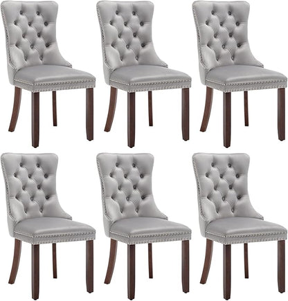 Velvet Dining Chairs Set of 6, Tufted Dining Room Chairs with Nailhead Ring Pull Trim, Upholstered Dining Chairs with Solid Wood Legs for Kitchen Dining Room (Light Grey)